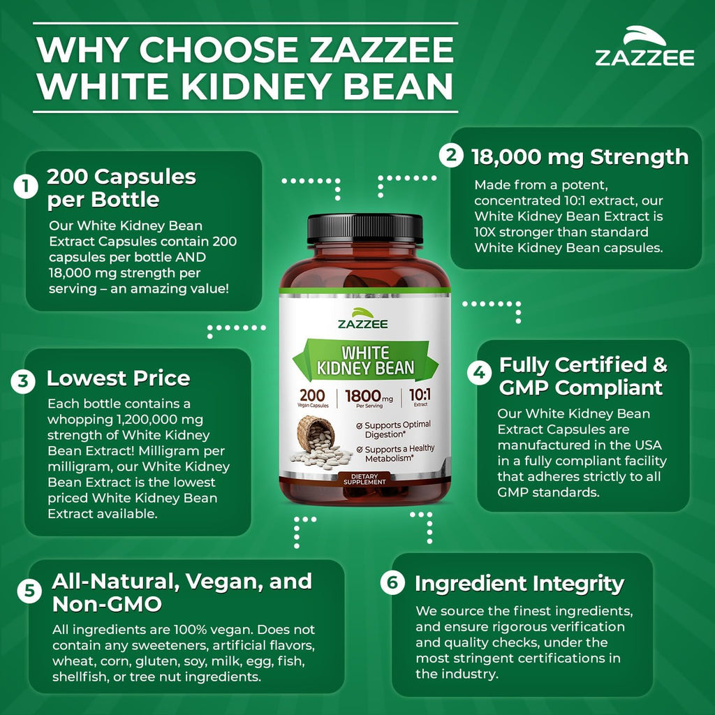 Zazzee White Kidney Bean 10:1 Extract, 1800 mg per Serving, 200 Vegan Capsules, Over 2 Month Supply, Standardized, Concentrated 10X Extract, 100% Vegetarian, All-Natural and Non-GMO, Made in The USA