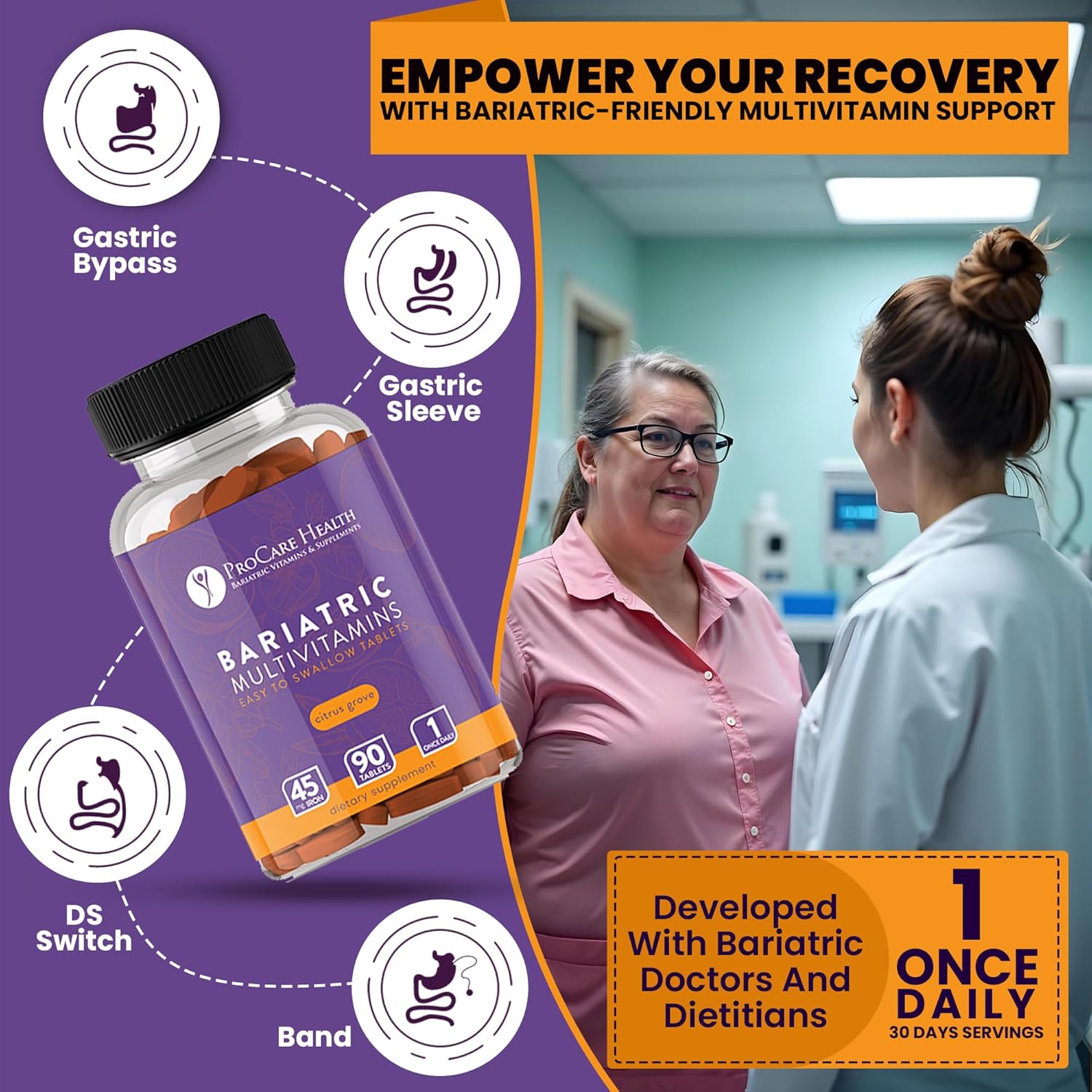 ProCare Health Bariatric Multivitamin with Iron 45mg (90 Easy to Swallow Tablets) - Post Op Bariatric Vitamins for Gastric Bypass Pills for Sleeve Patients, Sustains Recovery & Energy (3 Month Supply)