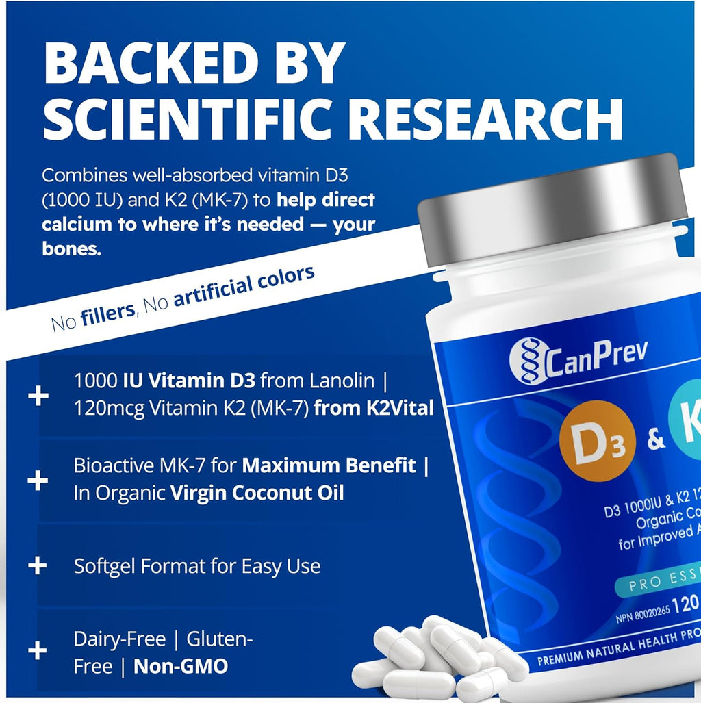 CanPrev D3 & K2 Vitamins 120 Softgels, 120-Day Supply, 1000IU Vitamin D3 & 120mcg K2, Supports Strong Bones, Teeth & Heart Wellness, Easy-to-Absorb with Organic Coconut Oil, No GMO, Gluten, Soy, Dairy