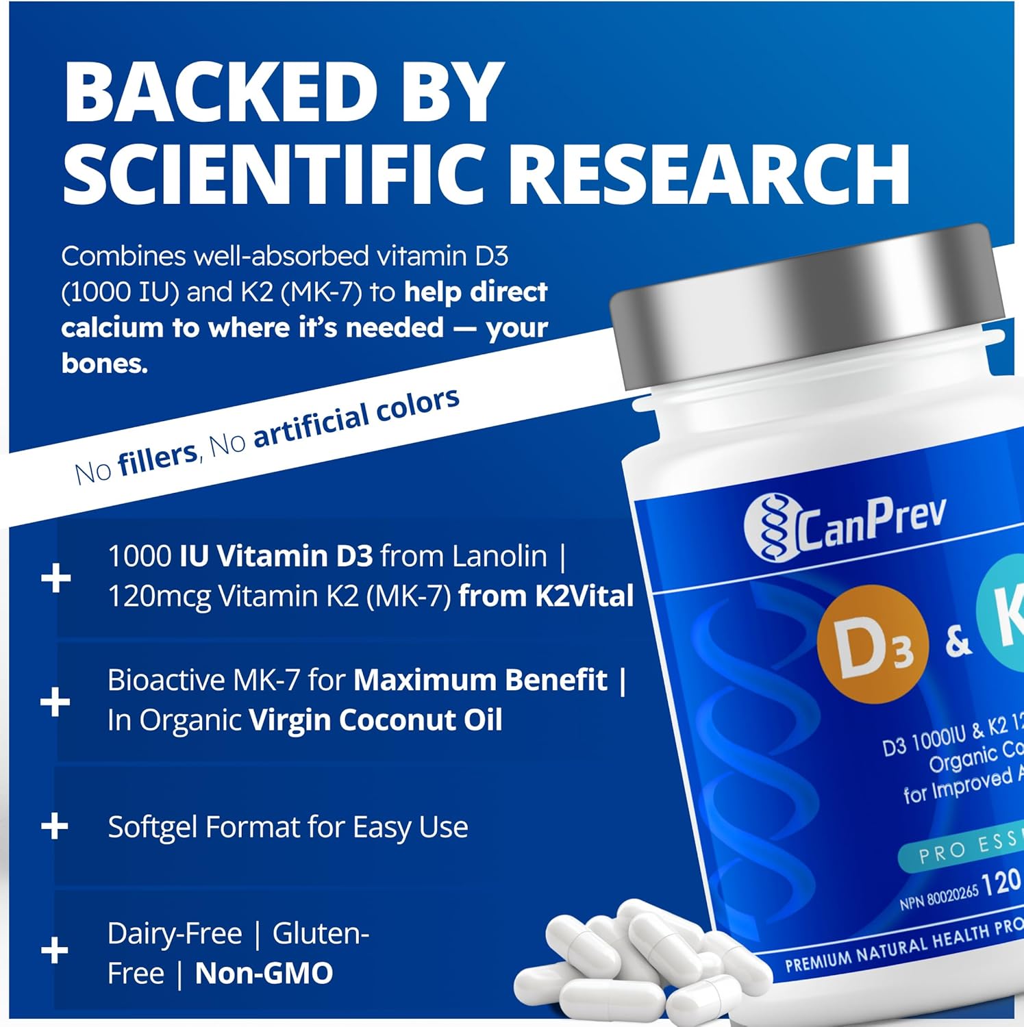 CanPrev D3 & K2 Vitamins 120 Softgels, 120-Day Supply, 1000IU Vitamin D3 & 120mcg K2, Supports Strong Bones, Teeth & Heart Wellness, Easy-to-Absorb with Organic Coconut Oil, No GMO, Gluten, Soy, Dairy