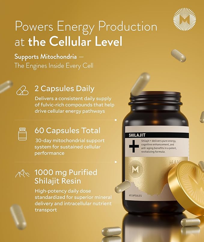 Manna Vitality Shilajit+ Capsules | 1000mg Purified Himalayan Shilajit Resin Supplement | Highest Bioavailability | Energy, Performance, Detox, Vitality, Mental Clarity & Cognitive Support | 60 Count