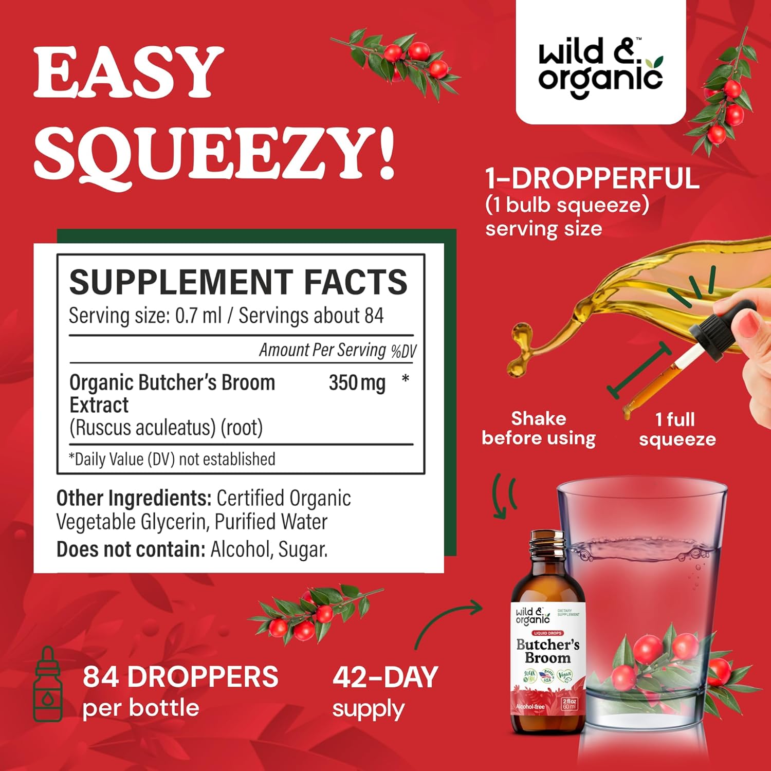 Wild & Organic Butchers Broom Root Drops - Liquid Supplement for Leg Support - Alcohol Free Butcher's Broom Tincture - Ruscus Aculeatus Herb - Vegan, Non-GMO, No Sugar - 2 fl oz