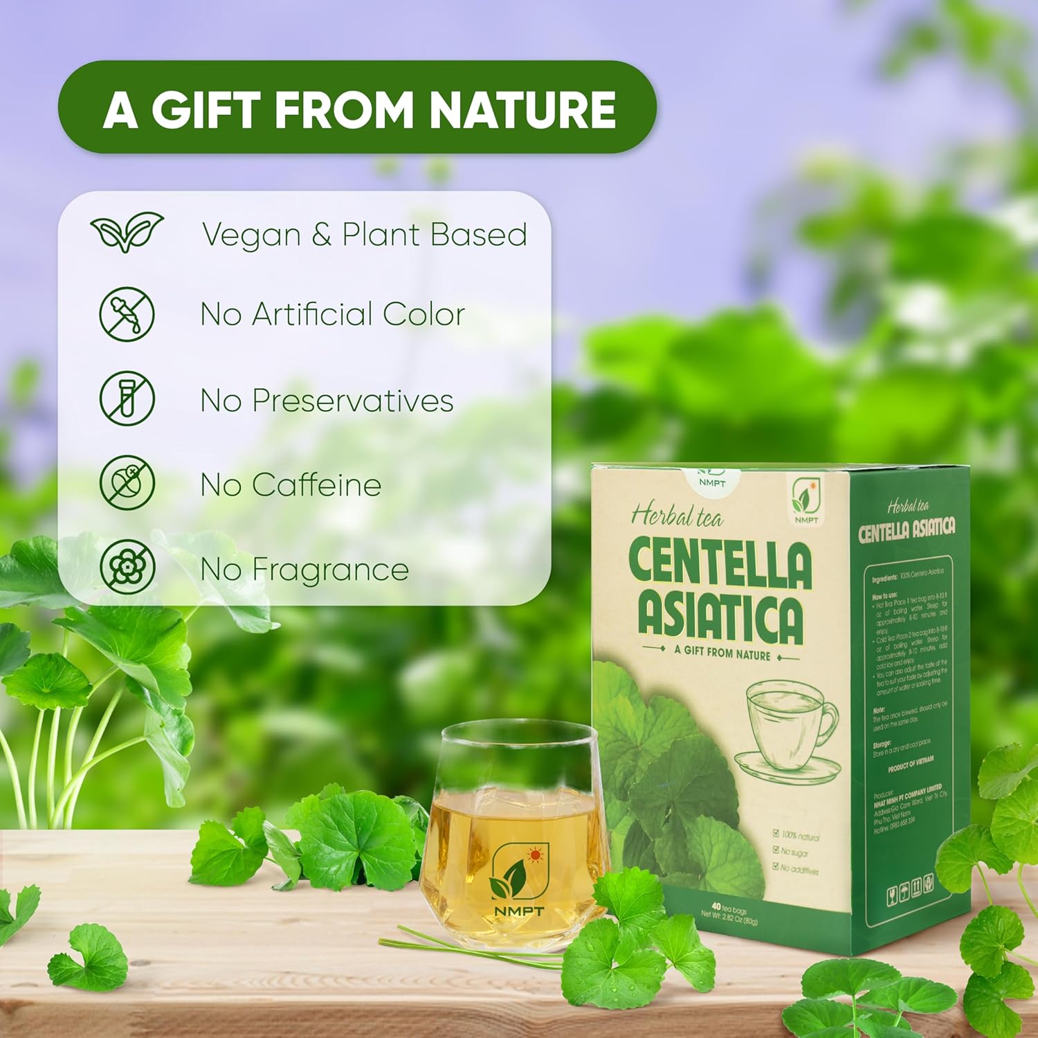 NMPT Centella Asiatica Leaf Tea, 100% Hand Pick, Organic Herbal Tea, 40 Count, Freeze Drying, Gluten Free, Dairy Free, No Sugar Added, Energy Boost & Health Support, 0.07 Oz Each