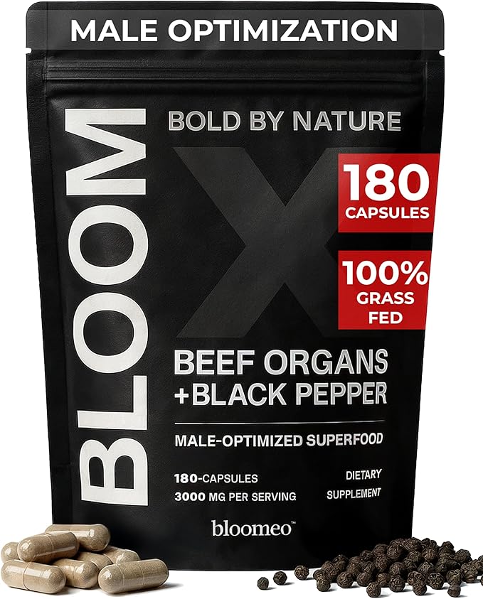 Beef Organ Supplement for Men | 100% Grass Fed Beef Liver Capsules with Bull Testicle, Prostate, Bone Marrow & More | Bloom X - Ancestral Superfoods for Vital Energy, Immunity & Men’s Health | 180 ct