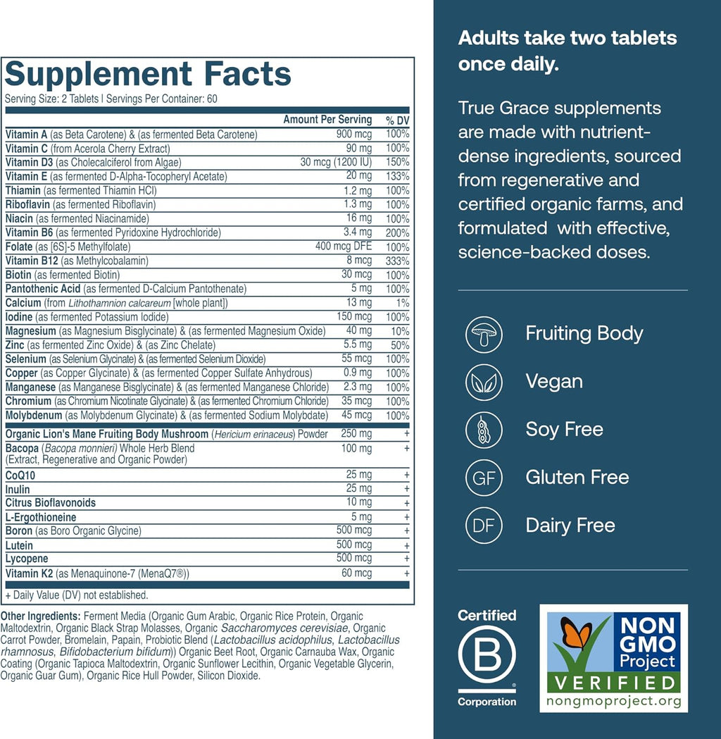 True Grace Daily Men’s Multivitamin 50+ - 120 Easy-to-Swallow Tablets - Immune, Energy, Longevity & Memory Support - Gluten Free, Soy Free, Vegan - 60 Servings
