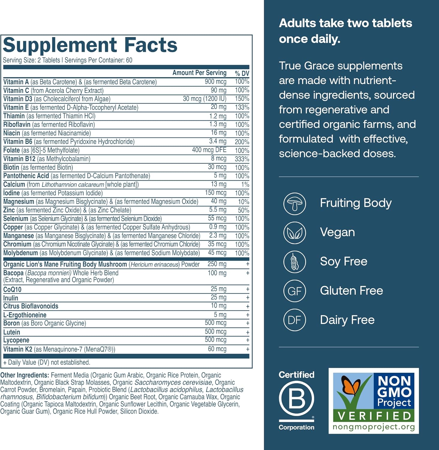 True Grace Daily Men’s Multivitamin 50+ - 120 Easy-to-Swallow Tablets - Immune, Energy, Longevity & Memory Support - Gluten Free, Soy Free, Vegan - 60 Servings