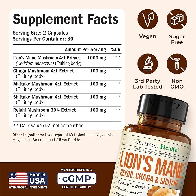 Lions Mane Supplement Capsules – Mushroom Powder Blend with Lions Mane Powder, Turkey Tail, Shiitake Mushrooms & More – Focus & Energy Supplements for Mood & Immune Support. Non-GMO. 60 Vegan Capsules