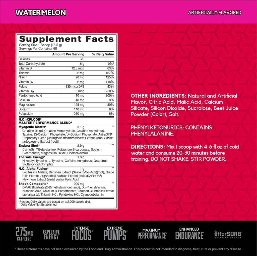BSN N.O.-XPLODE Pre Workout Powder, Energy Supplement for Men and Women with Creatine and Beta-Alanine, Flavor: Watermelon, 60 Servings