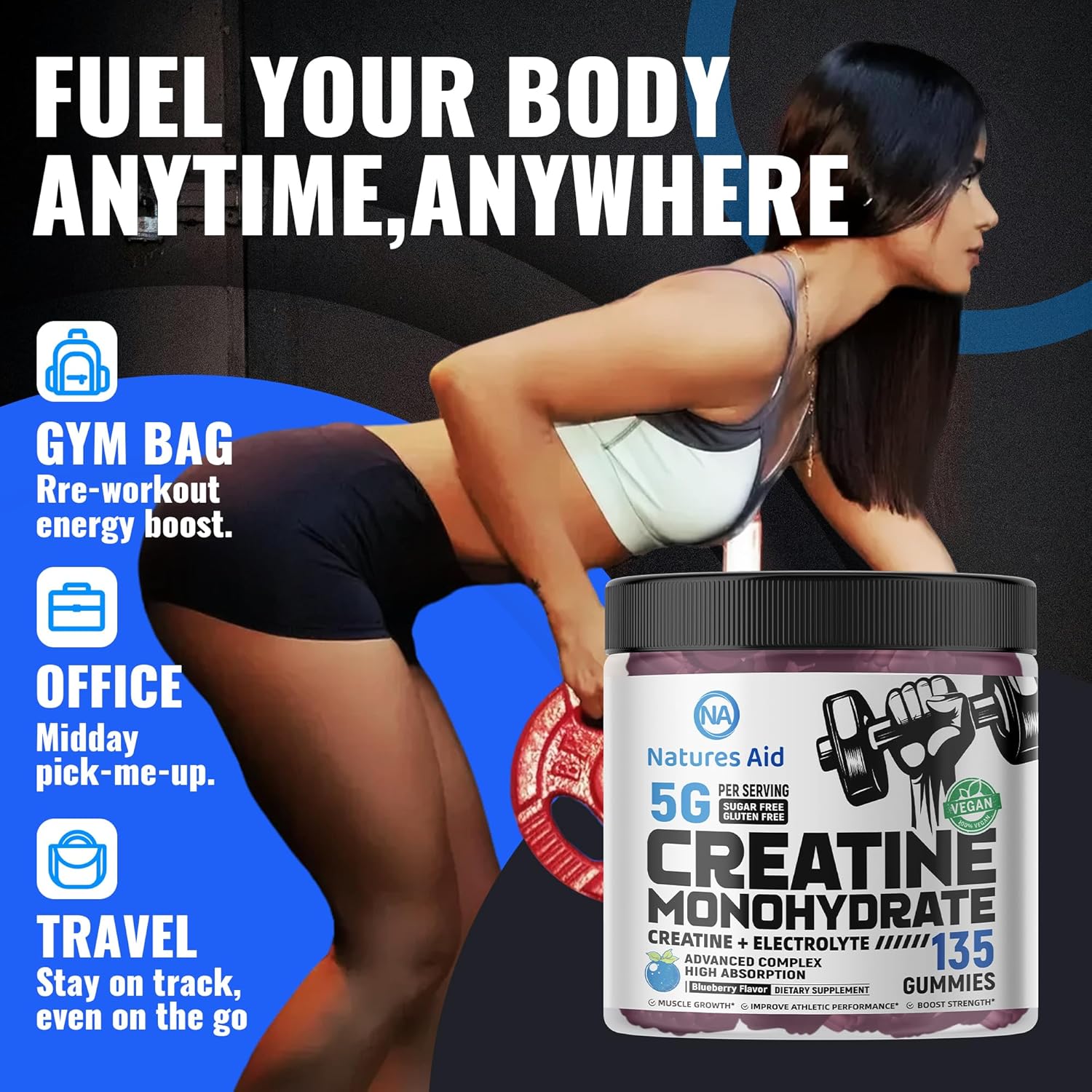 Creatine Monohydrate Gummies (5g) – Pre-Workout Energy & Muscle Growth Support for Men & Women | Blueberry Electrolyte Gummies (135 Count)
