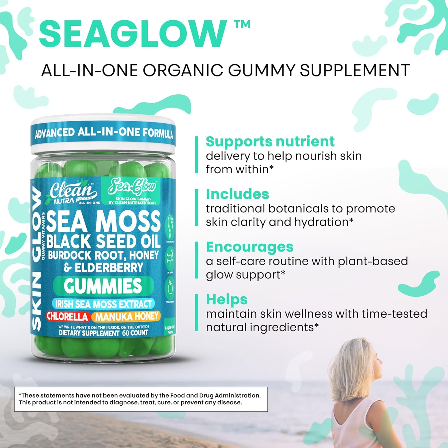 Clean Nutra Sea Moss Gummies Black Seed Oil Chlorella Ashwagandha Root Hair Growth Skin Glow Irish Sea Moss Elderberry Burdock Manuka Honey Trace Minerals Detox 60 Gummy Vitamins Sea Glow Supplement