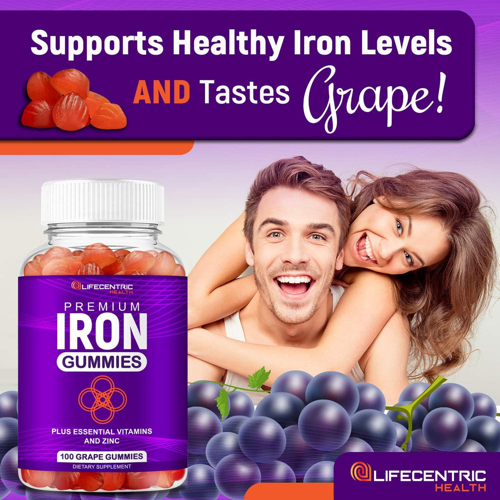 LifeCentricHealth Iron Gummies for Adults & Kids | Biotin Zinc Vitamin B Folic Acid Gummies | Vegan Gluten Free for Women & Men