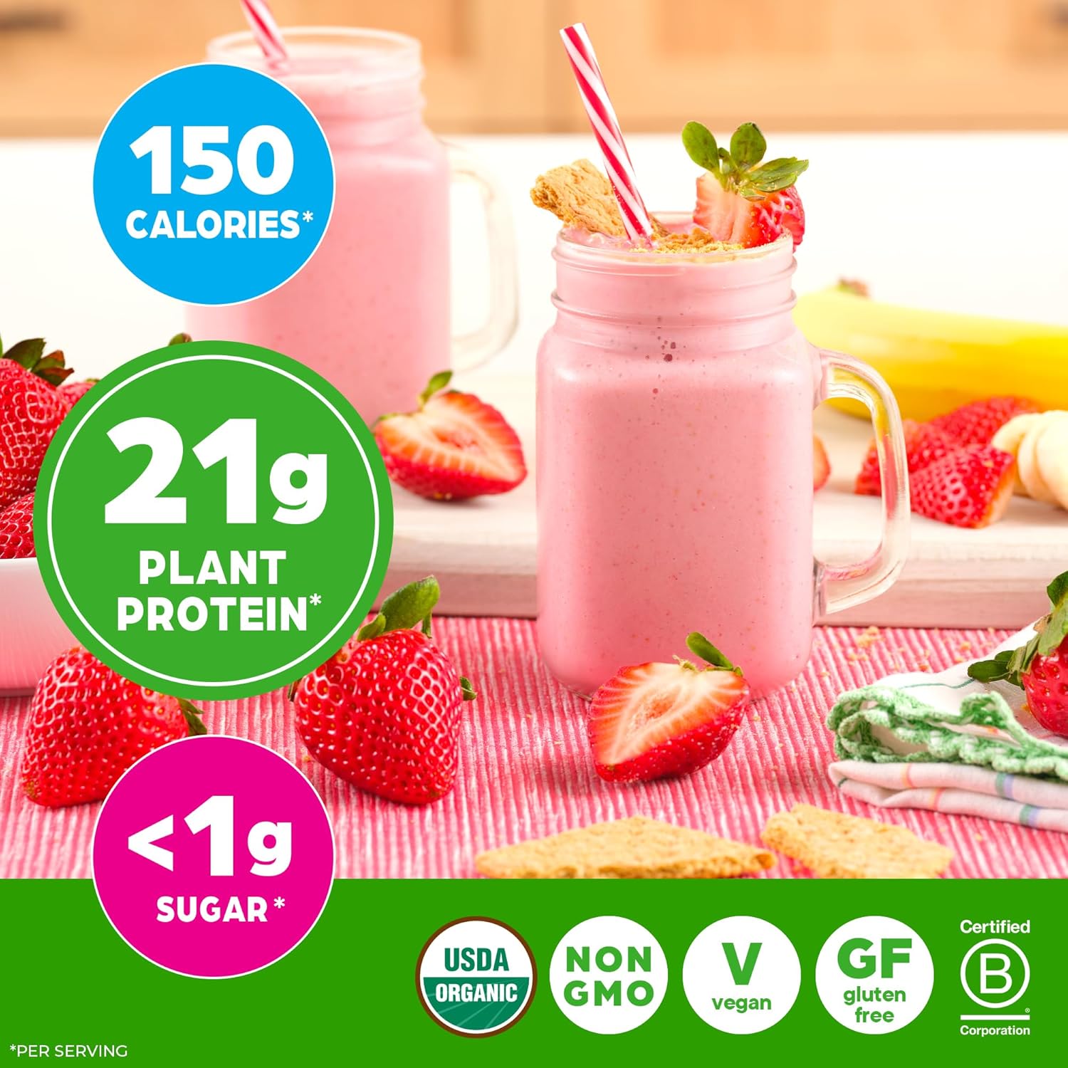 Orgain Organic Vegan Protein Powder, Strawberries & Cream - 21g Plant Based Protein, 4g Prebiotic Fiber, Low Net Carb, No Lactose Ingredients, No Added Sugar, Non-GMO, For Shakes & Smoothies, 2.03 lb