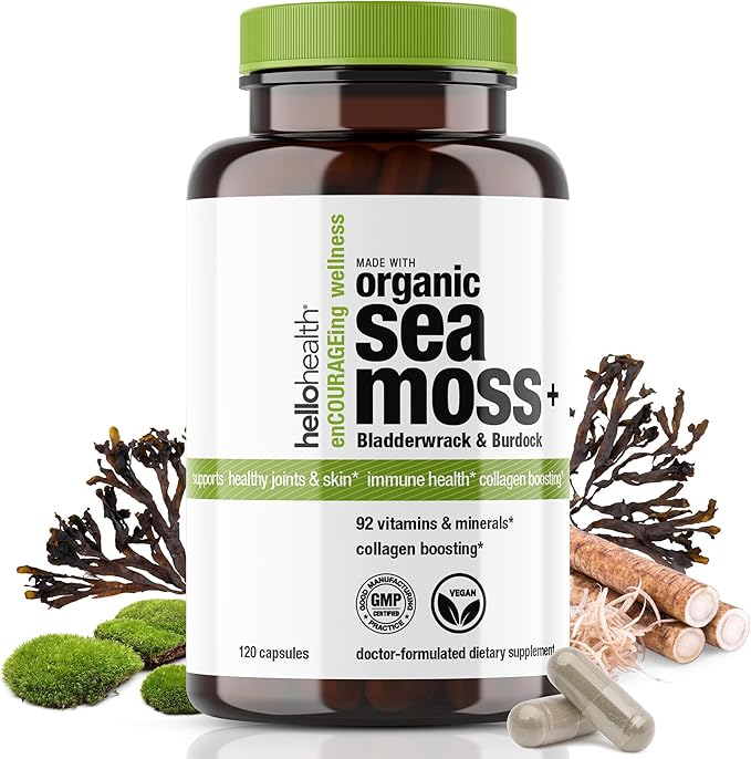 Organic Irish Sea Moss Capsules: Wildcrafted Sea Moss, Burdock Root & Bladderwrack Prebiotic Super Food for Immune Support, Thyroid Support, Natural Energy, -120 Caps