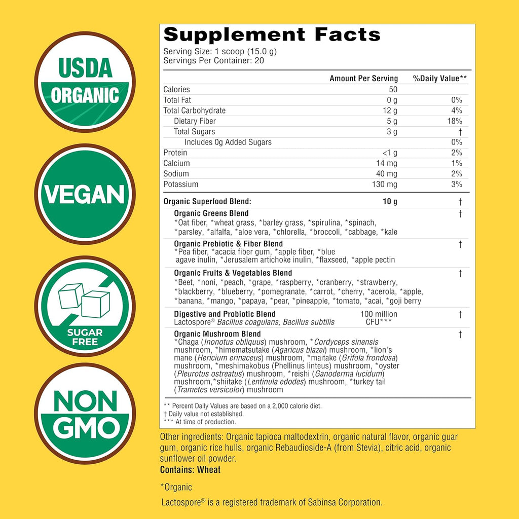 Country Farms Organic Super Greens Apple Banana Flavor, 50 Organic Super Foods, Packed with Fiber, USDA Organic Drink Mix, Fruits, Vegetables, Mushrooms & Probiotics, Supports Energy, 5g Fiber