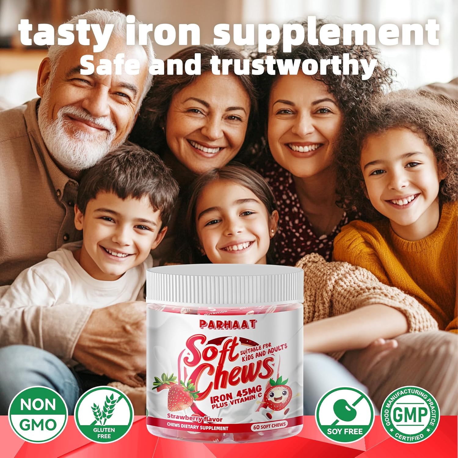 Iron Soft Chew Supplement with Vitamin C | Strawberry Flavored | Gluten Free | Iron Supplement for Women Men and Kids | 60 Count | 2 Month Supply