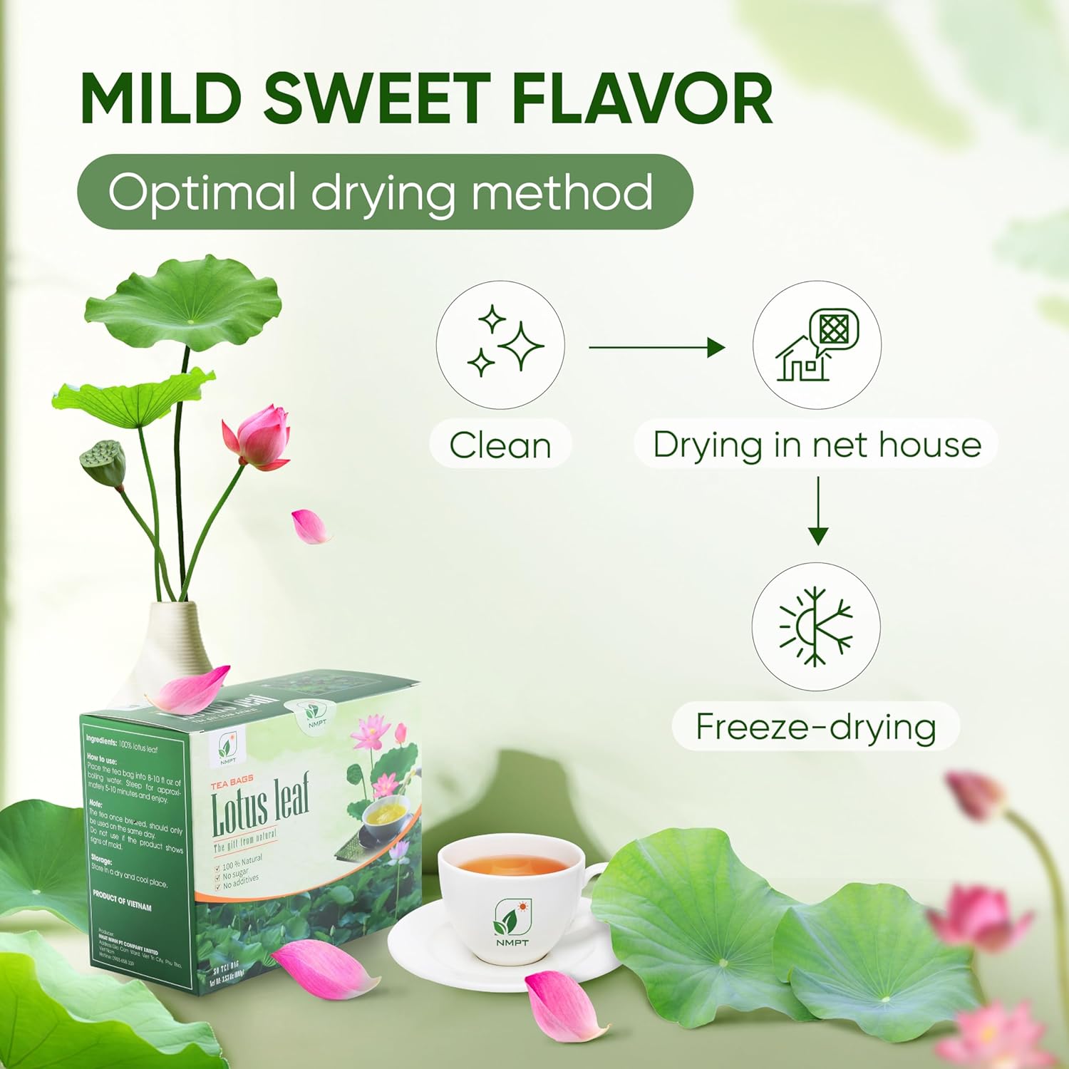 NMPT Dried Lotus Leaf Tea, 100% Hand Pick, Organic Herbal Tea, 50 Tea Bags, Gluten Free, Dairy Free, Sugar Free & 100% Natural, Energy Boost & Health Support