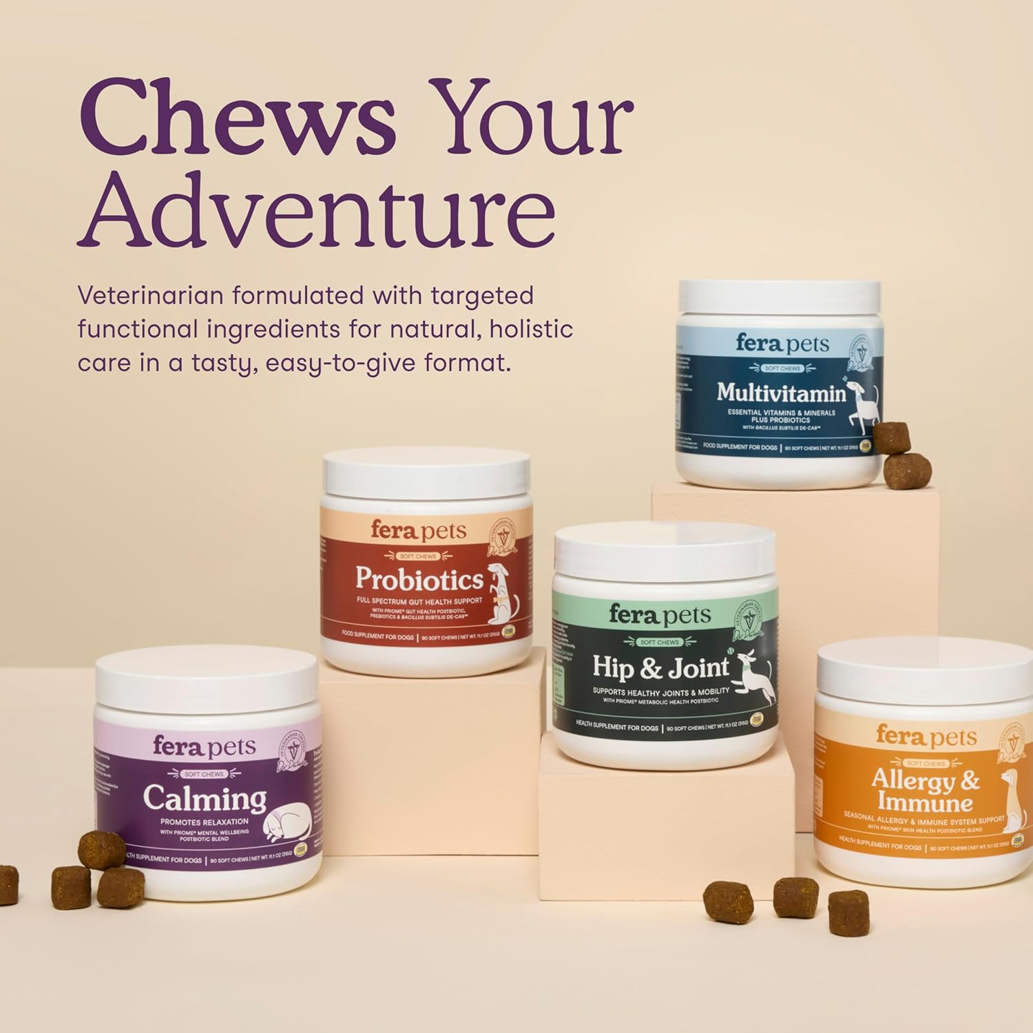 Fera Pets Dog Calming Chews - Anxiety Relief Support - Promotes Relaxation - Ashwagandha & Priome® Mental Wellbeing Postbiotic Blend - 30 Soft Chews