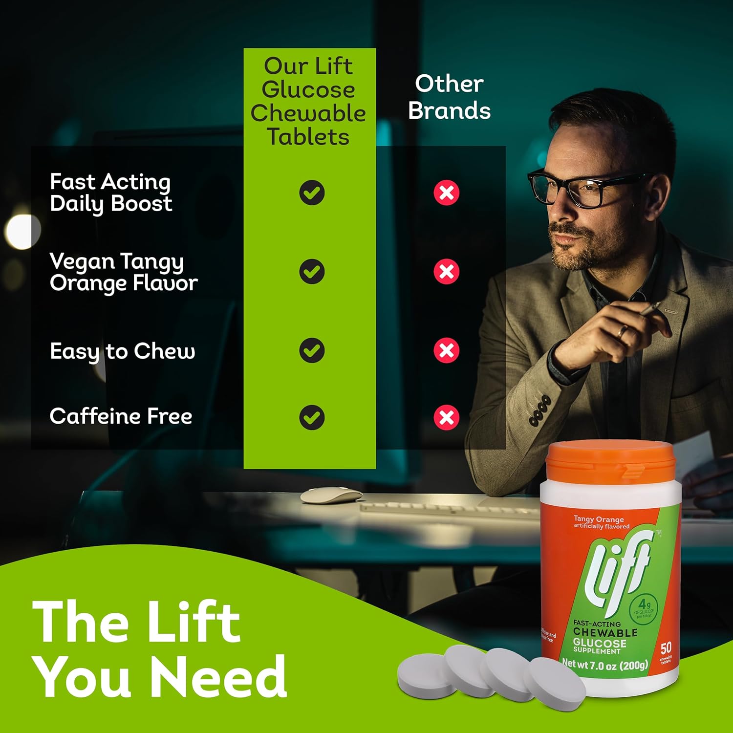 Lift Glucose Fast-Acting Glucose Chewable Energy Tablets, Orange, 50 ct Jar (Pack of 6)