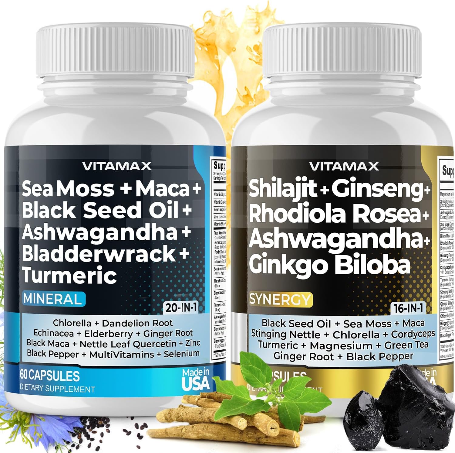 Vitamax Pure Himalayan Shilajit Supplement, Sea Moss, Ashwagandha, Bladderwrack, Gingko Biloba, Organic Capsules & Trace Mineral for - Non-GMO - Vegan - Men and Women – Made in USA