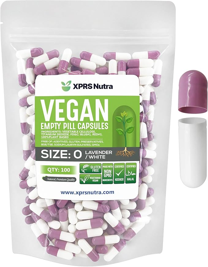 XPRS Nutra Size 0 Empty Capsules - 100 Count Empty Vegan Capsules - Vegetarian Pills DIY Vegetable Capsule Filling - Veggie Pill Caps for Do-It-Yourself Supplements (Lavender/White)