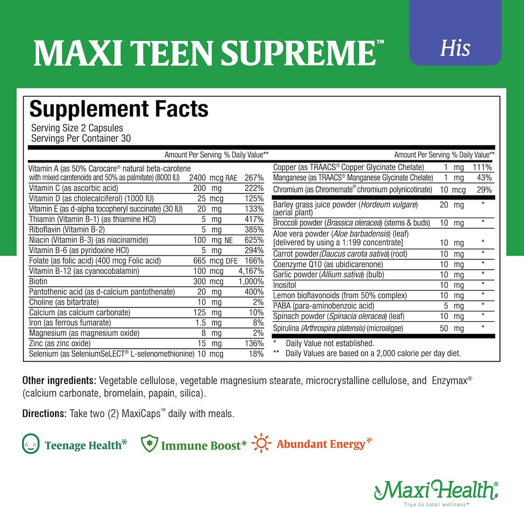 Teen Vitamins for Boys 12-17 - Teen Multivitamin Supreme with D3, Iron, Calcium, Biotin, Digestive Enzymes – Teenager Boy Multi Vitamins for Energy, Brain & Mood Support – 60 Count