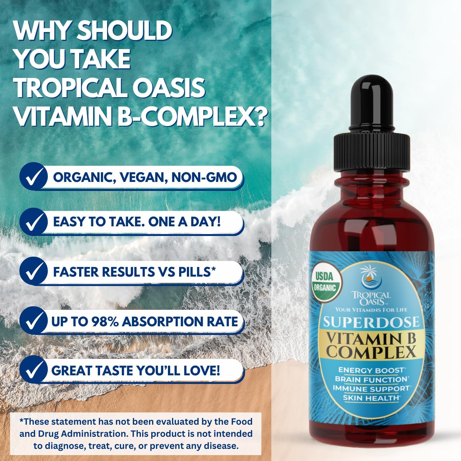 Superdose Organic Vitamin B Complex Liquid Drops | 125,000% DV Vitamin B12, B6, Biotin, Niacin, Folate | Energy, Brain Health, Immune Support | USDA Organic, Vegan, Non-GMO | 60 Serv, 2 Mo. Supply
