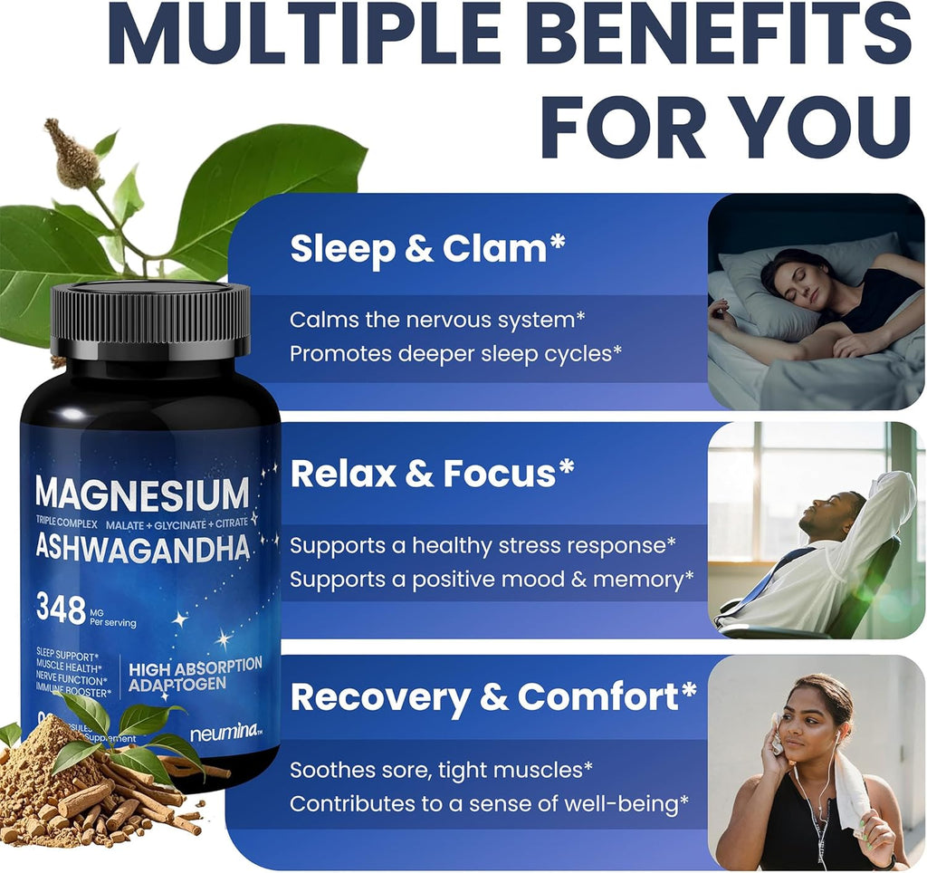 Magnesium Ashwagandha Complex | High-Absorption Multi Magnesium for Stress, Sleep, Muscle & Heart Health | Vegan, Non-GMO, Gluten-Free, Made in USA, 90 Capsules