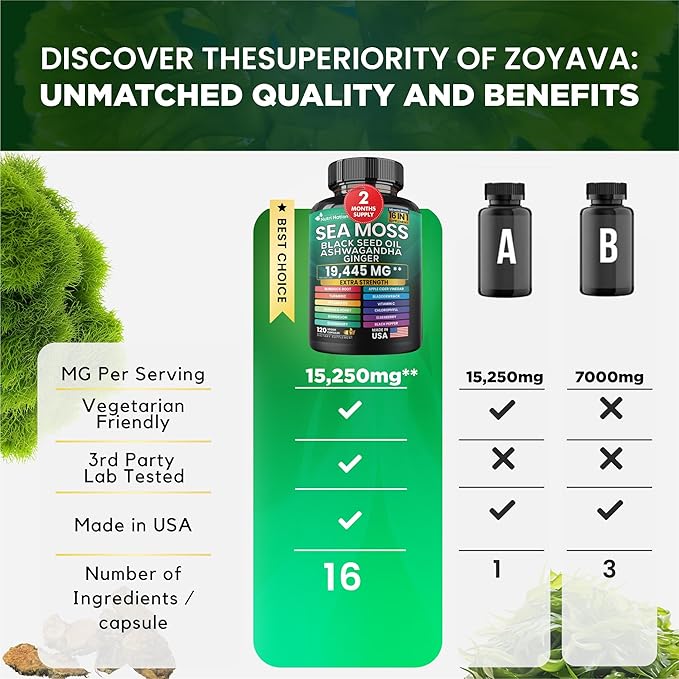 Sea Moss Black Seed Oil Ashwagandha Turmeric Bladderwrack Burdock & Vitamin C Vitamin D3 with Elderberry Manuka Dandelion Yellow Dock Iodine Chlorophyll 16 in 1 Supplement (120 Capsules) 1 Bottle