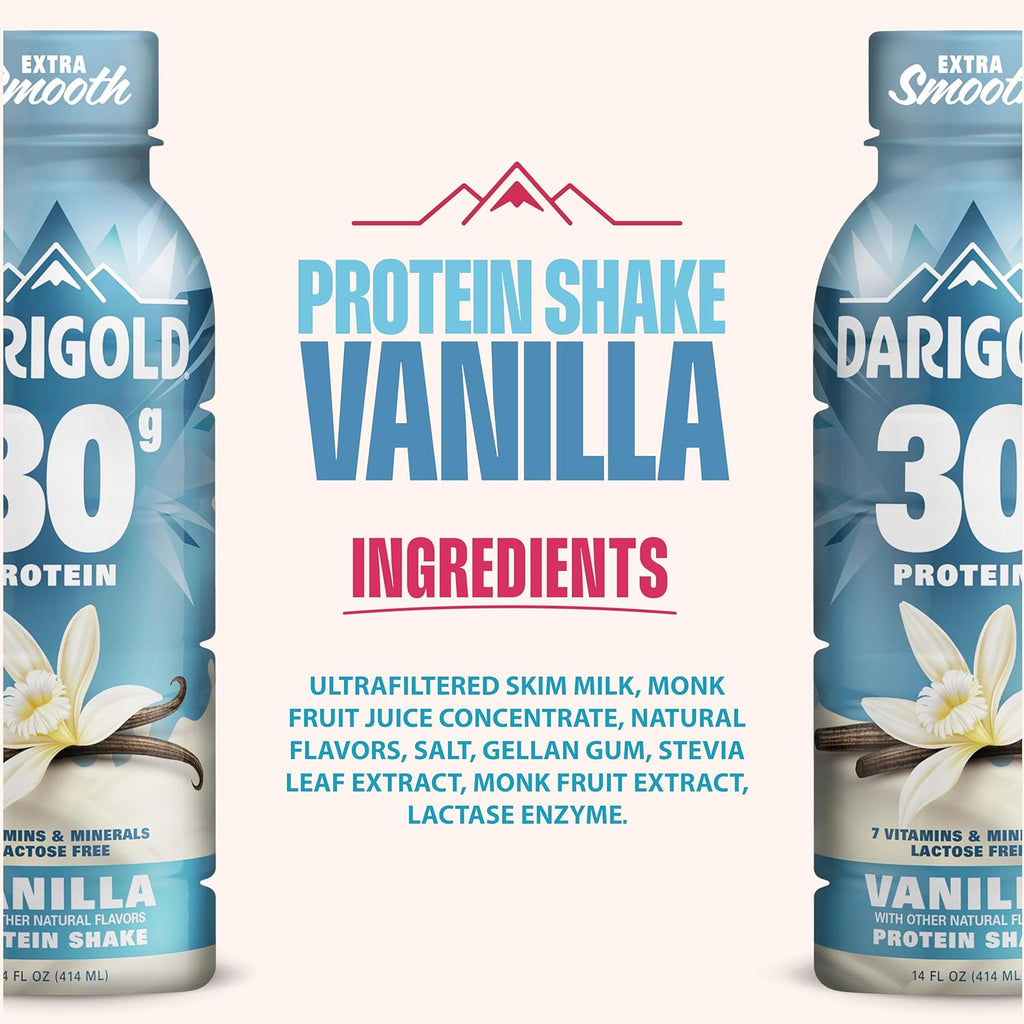 Darigold Ready to Drink Vanilla Protein Shake, 30g Protein, No Added Sugar, Lactose Free, Only 160 Calories. Electrolytes, Gluten Free - 14oz bottles 12 pack
