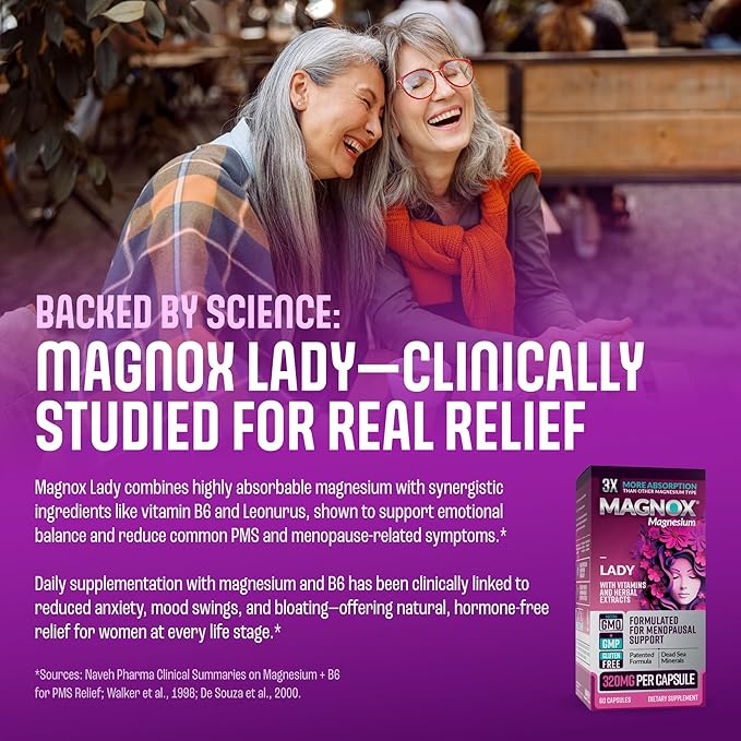 MAGNOX® Lady Magnesium Supplement | Menopause and PMS Support Supplement for Women | Magnesium Complex with Vitamins B6, B1, B12, D, Zinc | High-Absorption Dead Sea Organic Magnesium | 60 Capsules