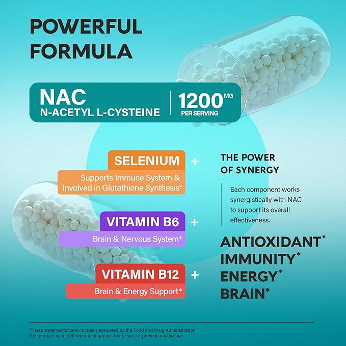 NAC Supplement | Selenium | B6 | B12 - Antioxidant, Immune Support - N Acetyl Cysteine 600 mg per Capsule, 1200 mg per Serving - Made in USA - Non-GMO, Gluten-Free, Vegan - 240 Caps, 4 Month Supply