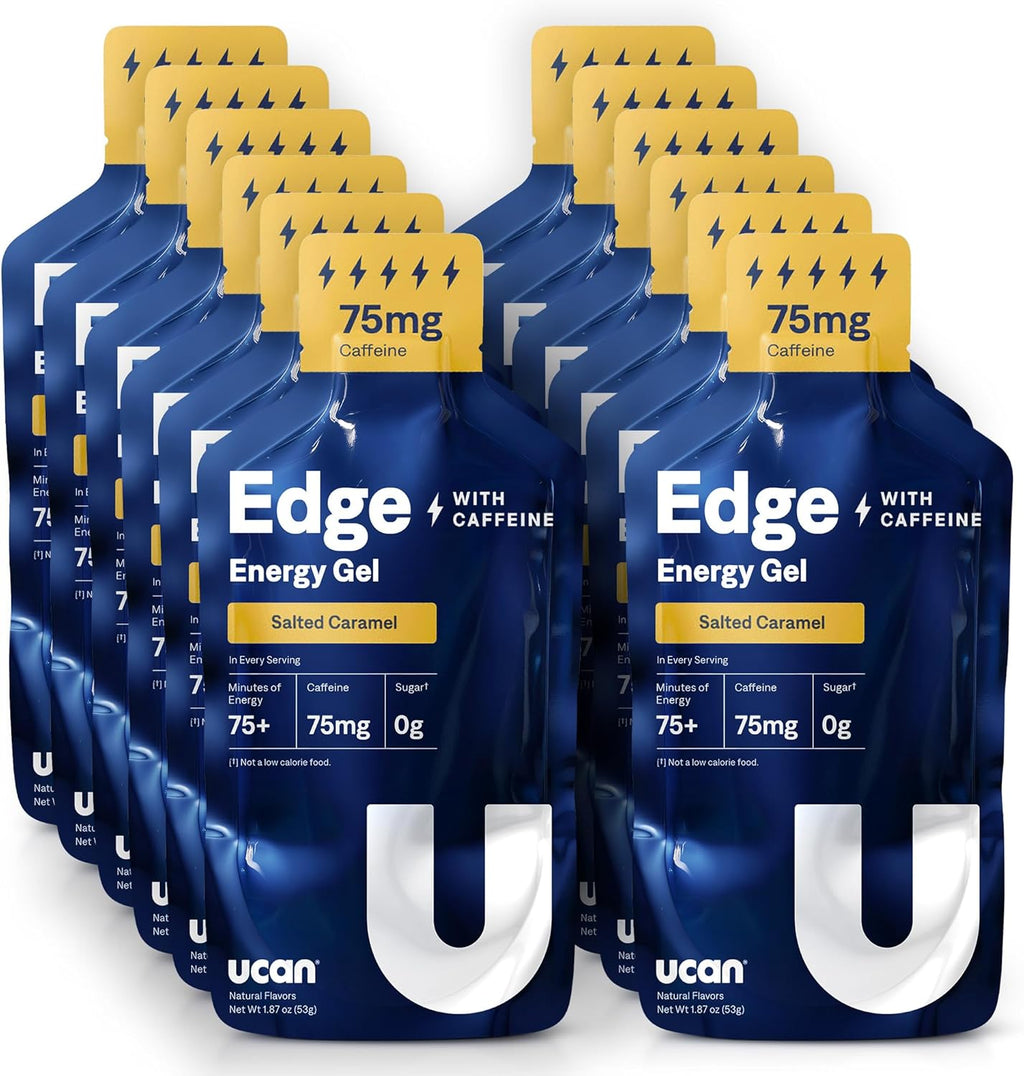 UCAN Edge Energy Gel Shots, Salted Caramel + Caffeine (12, 2 Ounce Packets) for Running, Training, Workouts, Fitness, Cycling, Crossfit | Sugar-Free, Vegan, & Keto Friendly Energy