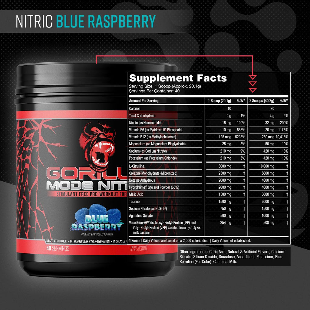 Gorilla Mode Nitric Upgraded Stimulant Free Pre-Workout – Best Tasting and Most Effective Stimulant Free Pre-Workout/Massive Pumps · Vasodilation · Power / 804 Grams (Blue Raspberry)