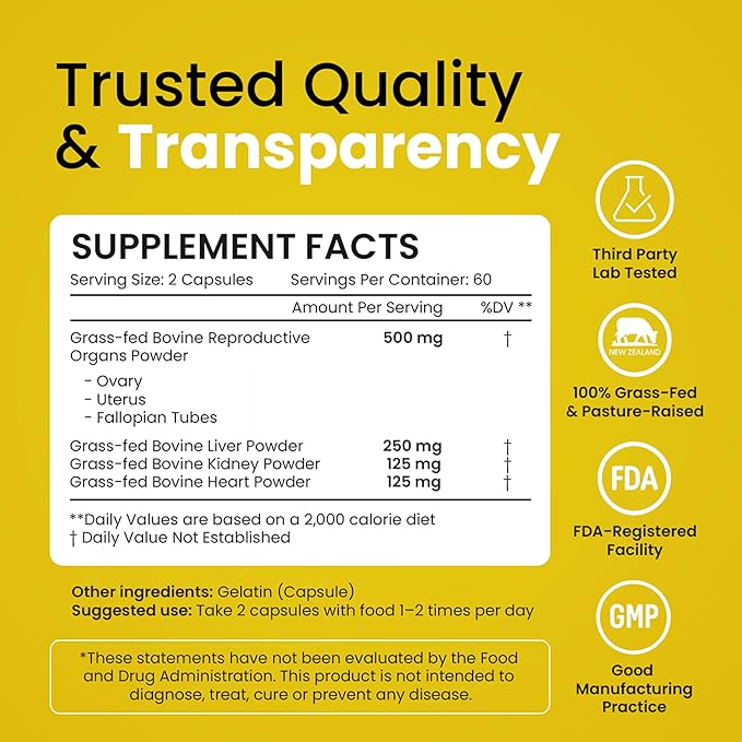 Beef Organ Supplement for Women – Grass Fed Liver, Uterus, Ovary, Heart, Kidney – 30+ Nutrients to Support Hormone Balance, Cycle Health, Energy, Immunity, Skin & Hair – Made in USA & 3rd Party Tested