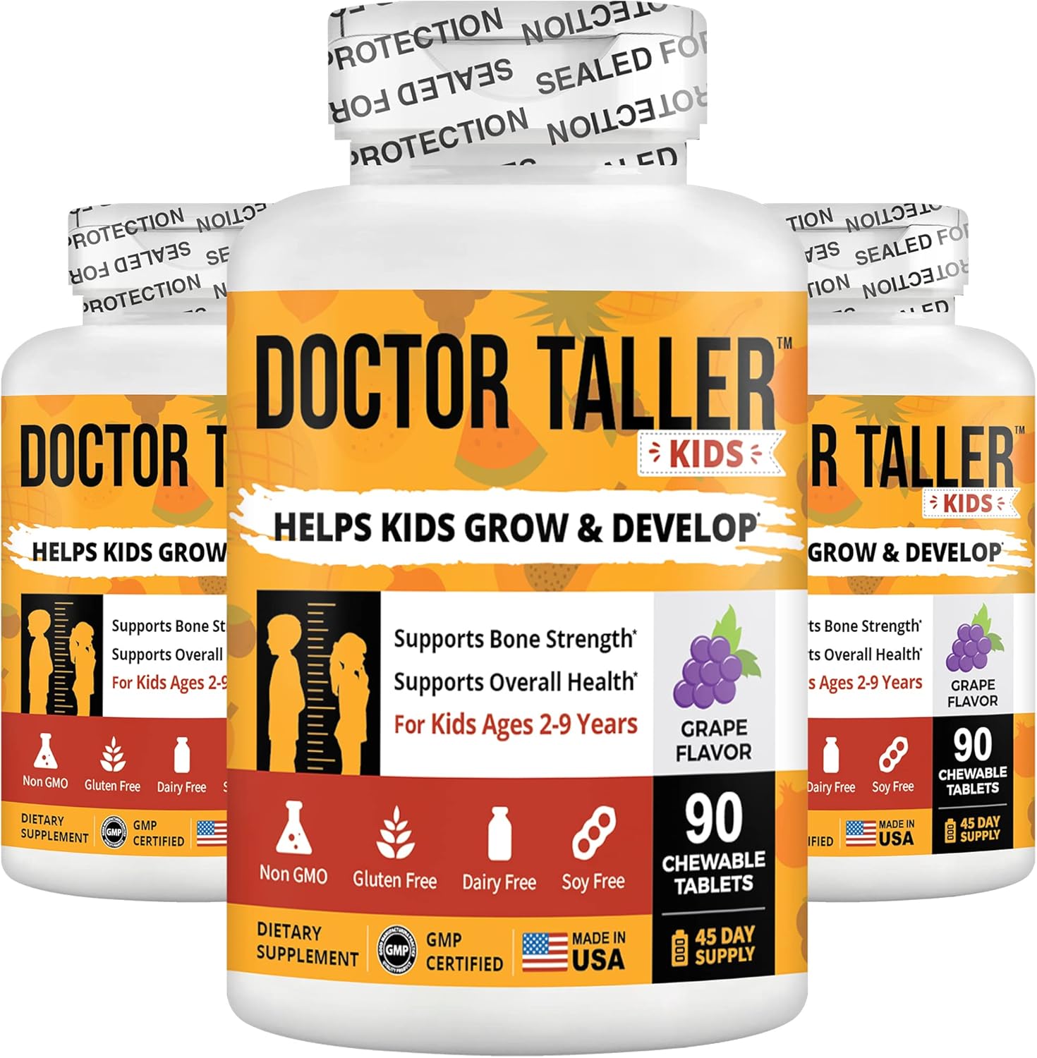 Doctor Taller Kids - Kids Multivitamins, Toddler Vitamins - Support Bone Strength, Enhanced Immunity with Calcium, Multivitamins for Ages 2 to 9 - Grape Flavor - 90 Vegan Chewable Tablets | 3 Pack