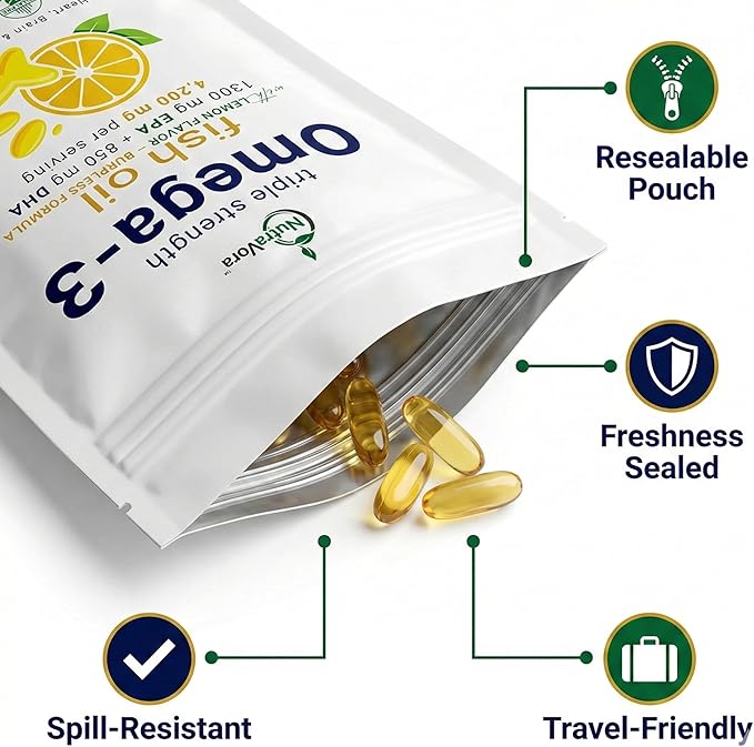 Triple Strength Omega-3 Fish Oil – 4200 mg Per Serving with 1300 mg EPA + 850 mg DHA – Lemon Flavor Burpless Formula – Wild-Caught, Non-GMO, Gluten-Free – 300 Softgels