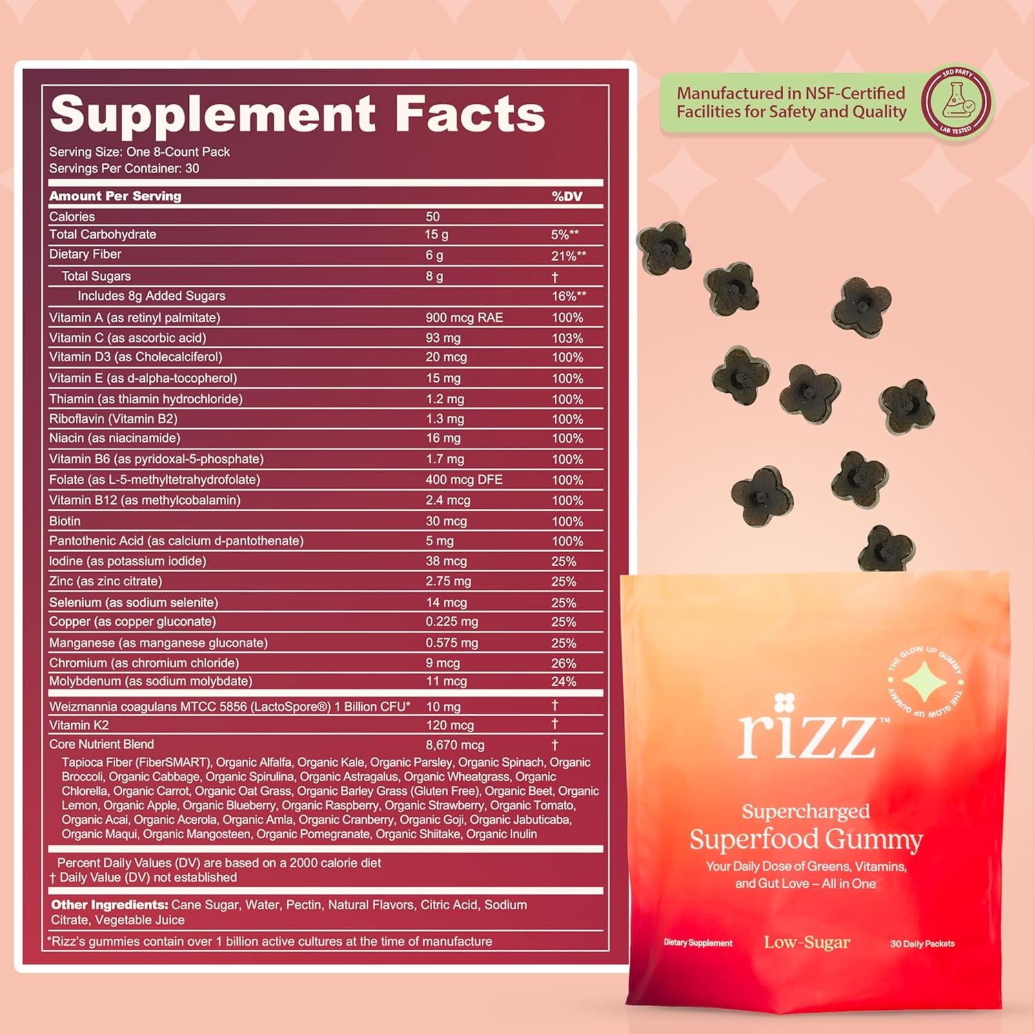 Rizz Low Sugar Green Gummies - 60+ Superfoods 6g Fiber - Prebiotic and Probiotic Gummies - Vegan Multivitamins for Women & Men - Gluten Free - Mushroom, Fruit and Vegetable Supplements - 30 Day Supply