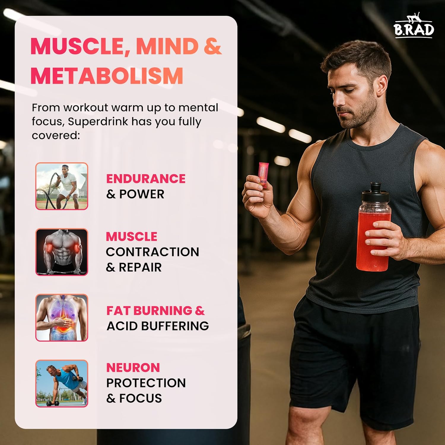 B.rad Superdrink Sugar-Free Electrolyte & Hydration Powder w/Creatine | Plus Brain & Recovery Boosters | 30 Jumbo Single-Serving Packets of 11.5g | Light, Natural Strawberry Lemonade Flavor
