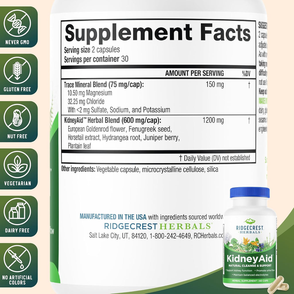 Ridgecrest Herbals KidneyAid, Kidney Health Support Supplement, Hydrangea, Horsetail, Urinary Tract Health Support, Trace Mineral (60 Caps, 30 Serv)