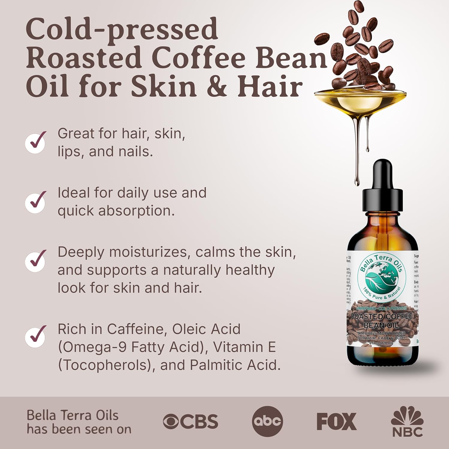 Bella Terra Oils - Roasted Coffee Bean Oil 4 oz - Dive into The Heart of Coffee Extract, Boosted with Essential Fatty Acids, A Luxurious Experience