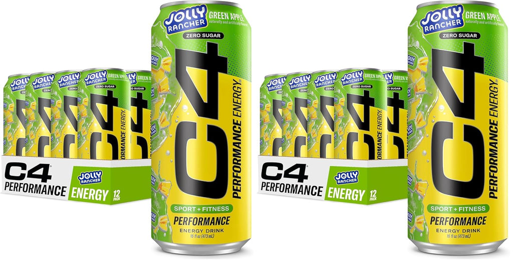Cellucor C4 Performance Energy Drink | JOLLY RANCHER Green Apple | Zero Sugar Carbonated Preworkout Energy | 200mg Caffeine with Beta Alanine | 16 Fl Oz (24 Pack)