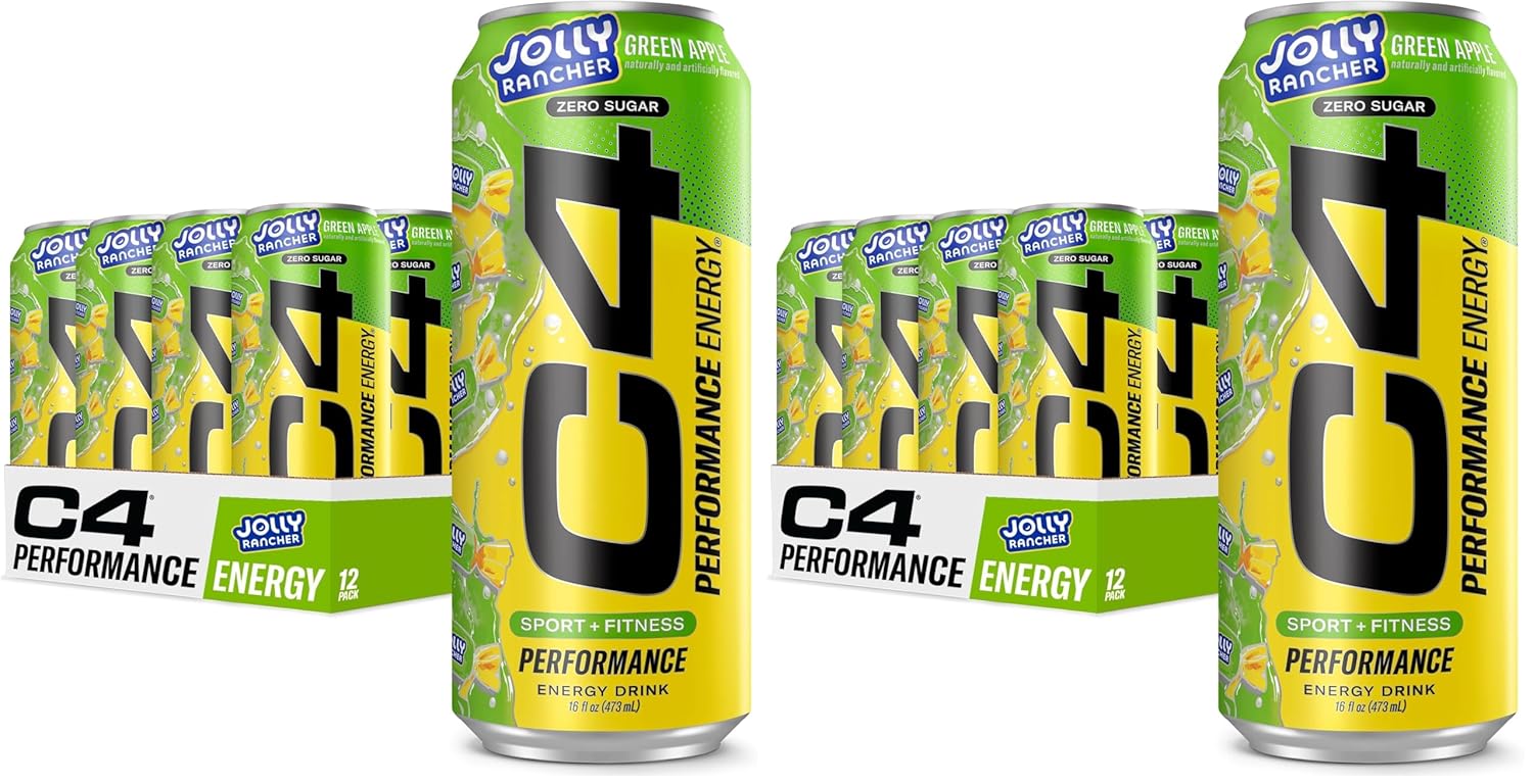 Cellucor C4 Performance Energy Drink | JOLLY RANCHER Green Apple | Zero Sugar Carbonated Preworkout Energy | 200mg Caffeine with Beta Alanine | 16 Fl Oz (24 Pack)