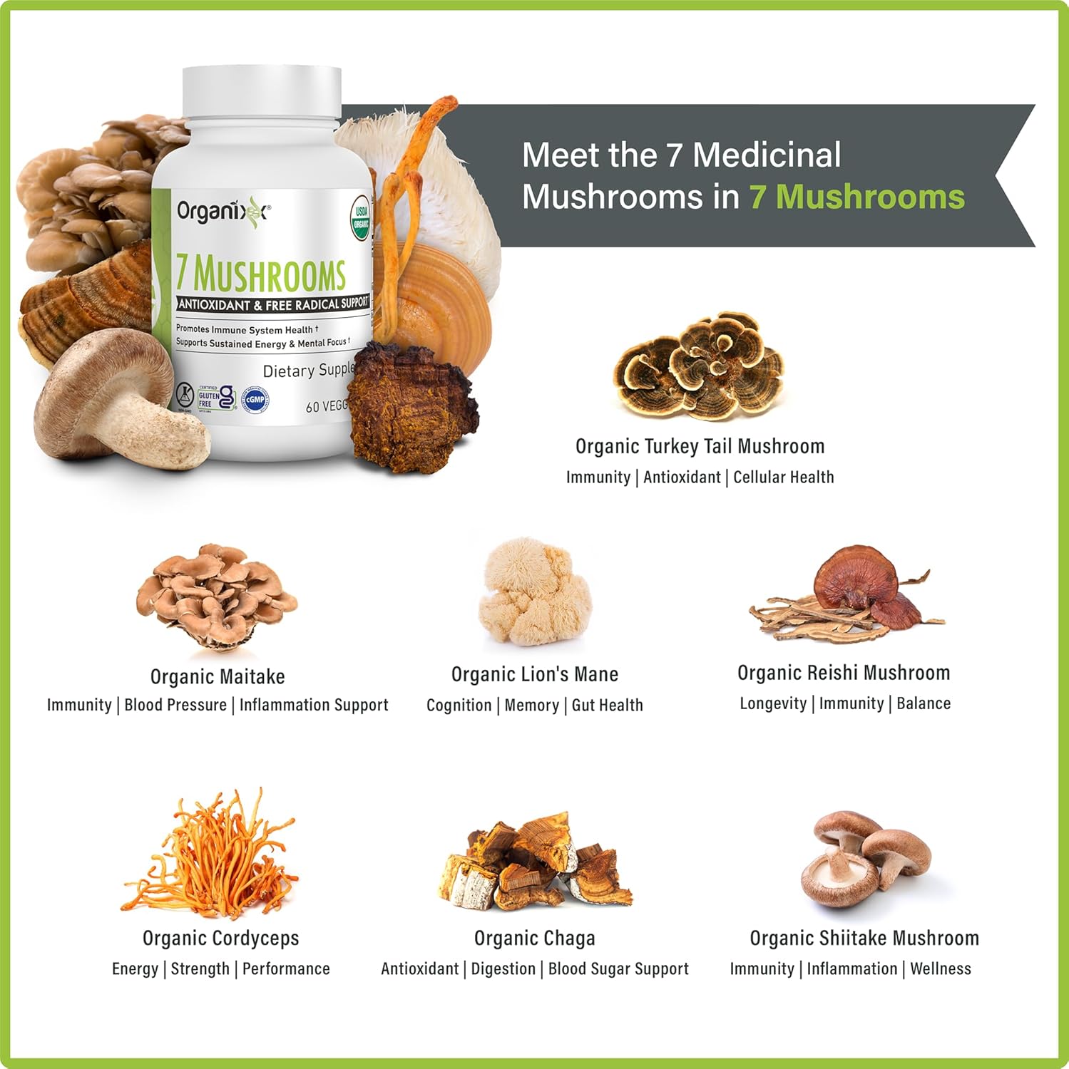 Organixx USDA Organic Mushroom Supplement, 7 Fermented Mushrooms – Lions Mane, Shiitake, Cordyceps, Turkey Tail, Reishi – for Immune & Digestion Support, 60 Vegetarian Capsules