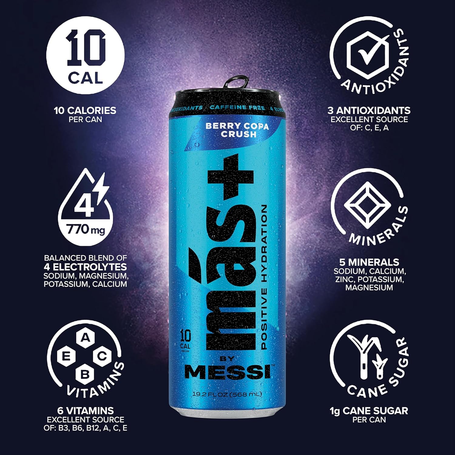 Más+ By Messi 19.2oz Berry Copa Crush Sports Drink & Hydration Beverage, Natural Flavors with Vitamins and Electrolytes, No Artifical Sweeteners or Colors, 12-pack
