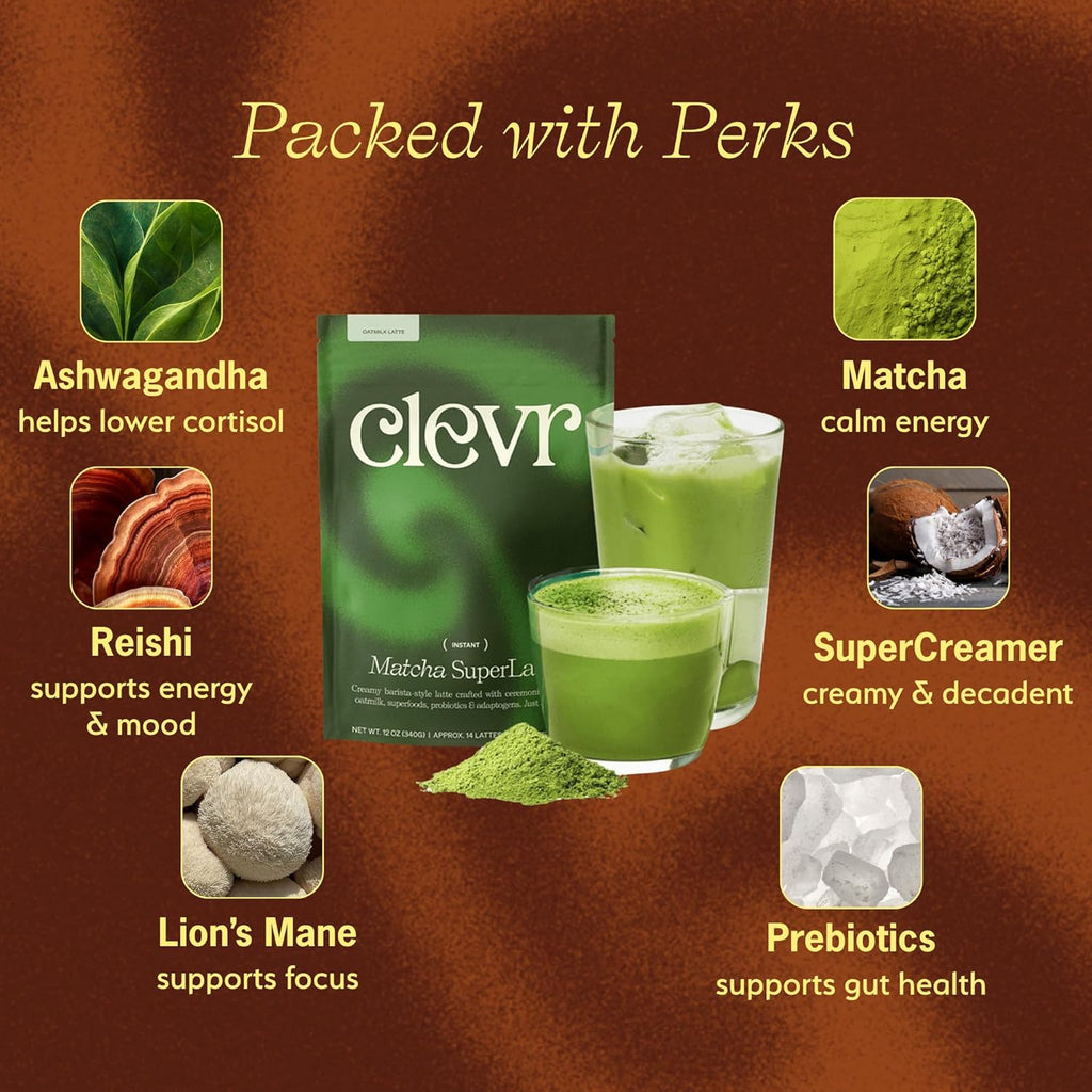 Clevr Blends Organic Matcha Green Tea Latte, Instant Ceremonial Grade, Superfood Powder Blend with Oat Milk, Lions Mane, Reishi Mushroom, Coconut Cream, Ashwagandha, Serve Hot or Iced, (30 Lattes)