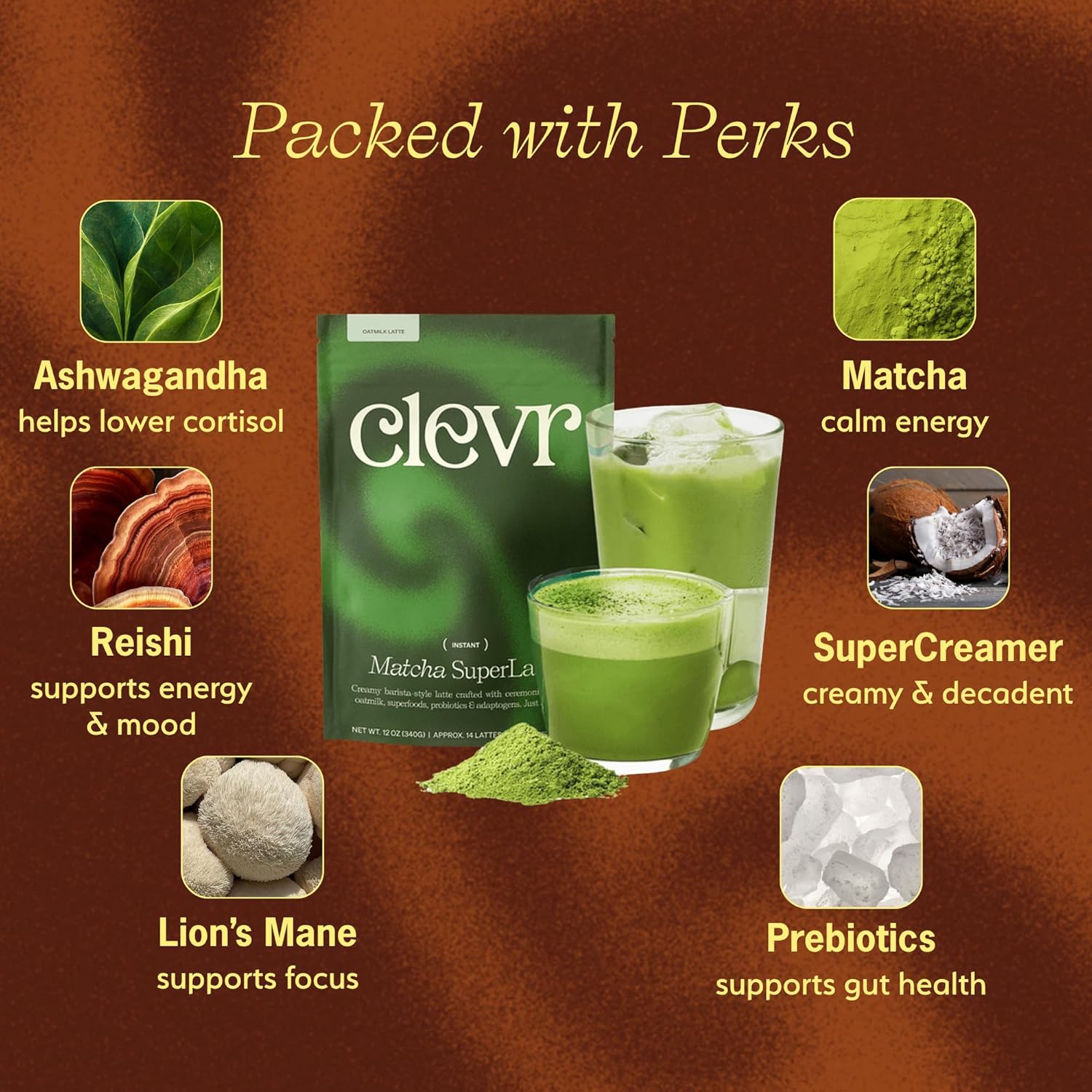 Clevr Blends Organic Matcha Green Tea Latte, Instant Ceremonial Grade, Superfood Powder Blend with Oat Milk, Lions Mane, Reishi Mushroom, Coconut Cream, Ashwagandha, Serve Hot or Iced, (30 Lattes)