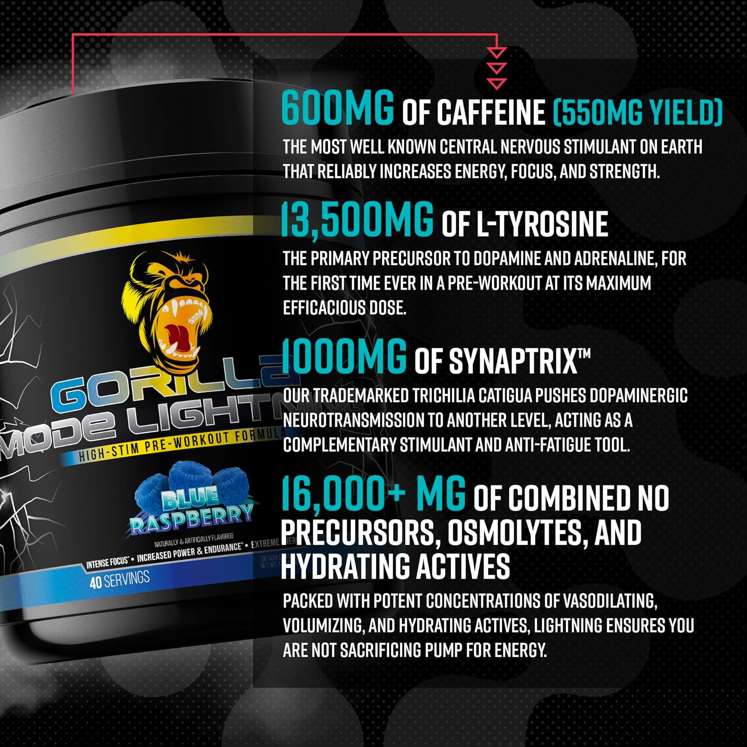 Gorilla Mode Lightning Pre-Workout - Extreme Energy · Laser Focus · Powerful Pumps · Peak Performance - 550mg Caffeine, 13500mg L-Tyrosine, Alpha-GPC– 792g (Bombsicle)