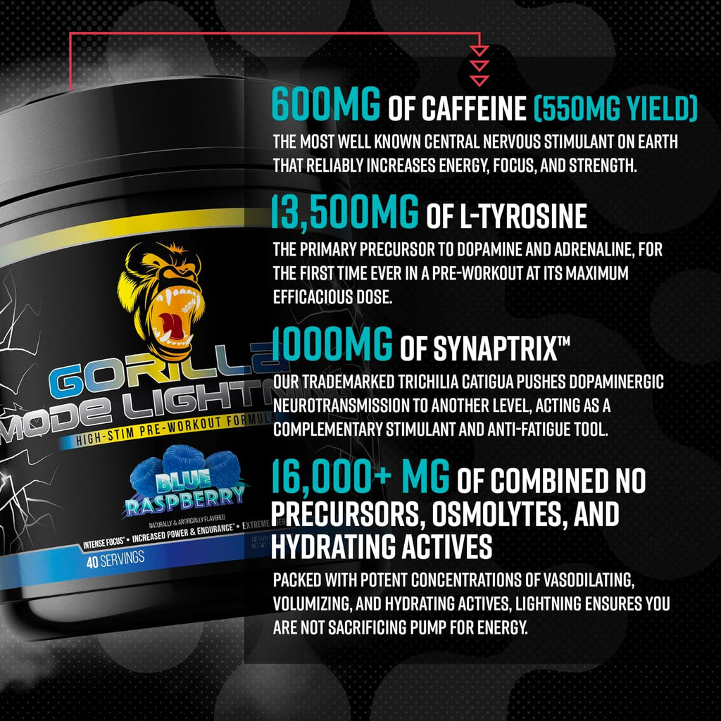 Gorilla Mode Lightning Pre-Workout - Extreme Energy · Laser Focus · Powerful Pumps · Peak Performance - 550mg Caffeine, 13500mg L-Tyrosine, Alpha-GPC– 772g (Mouthwatering Watermelon)