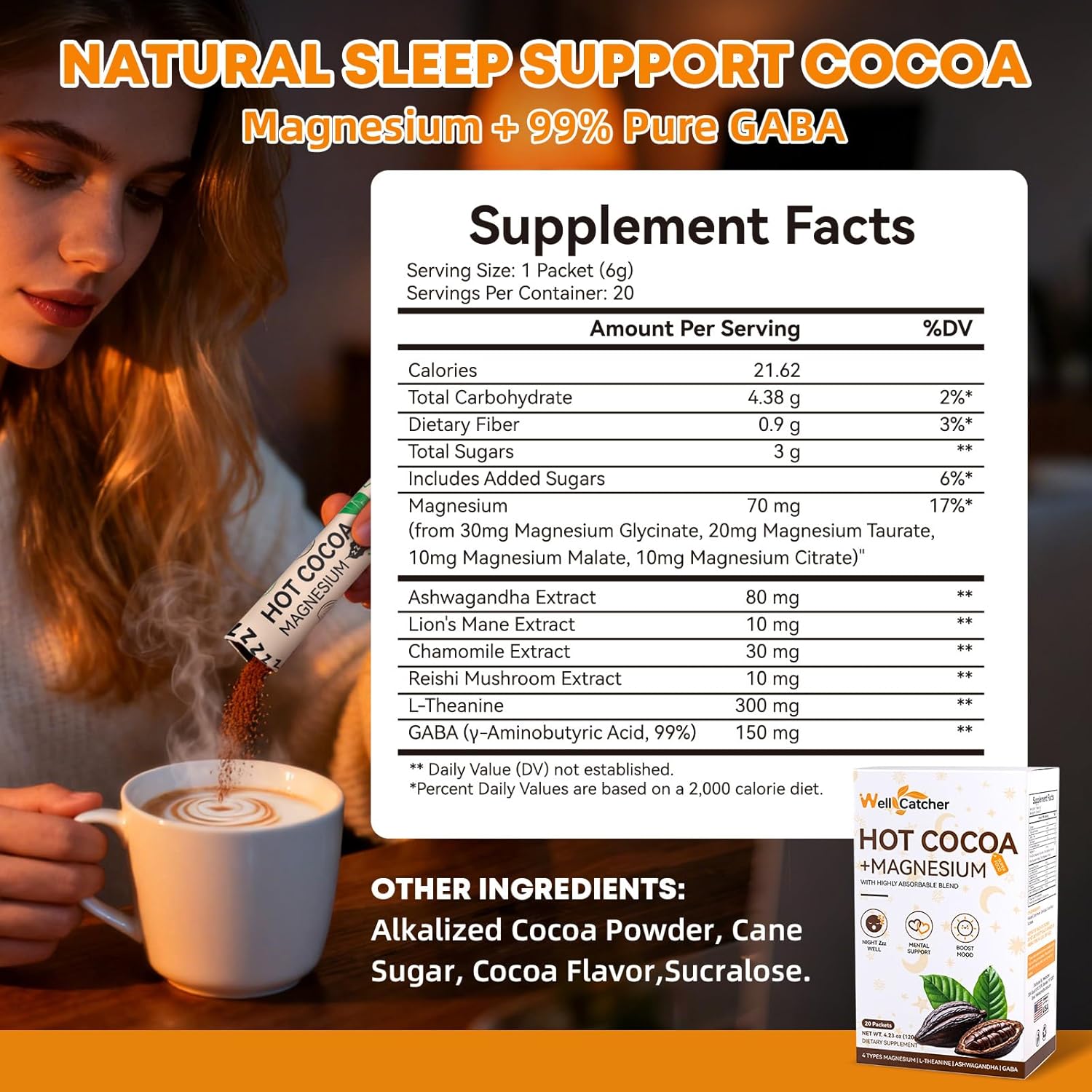 Nighttime Sleep Hot Cocoa with Magnesium: Mushroom Hot Chocolate Powder with Ashwaganda Lion's Mane Reishi Support Healthy Mood Sleep, Melatonin-Free Vegan Organic Non-GMO 20 Servings