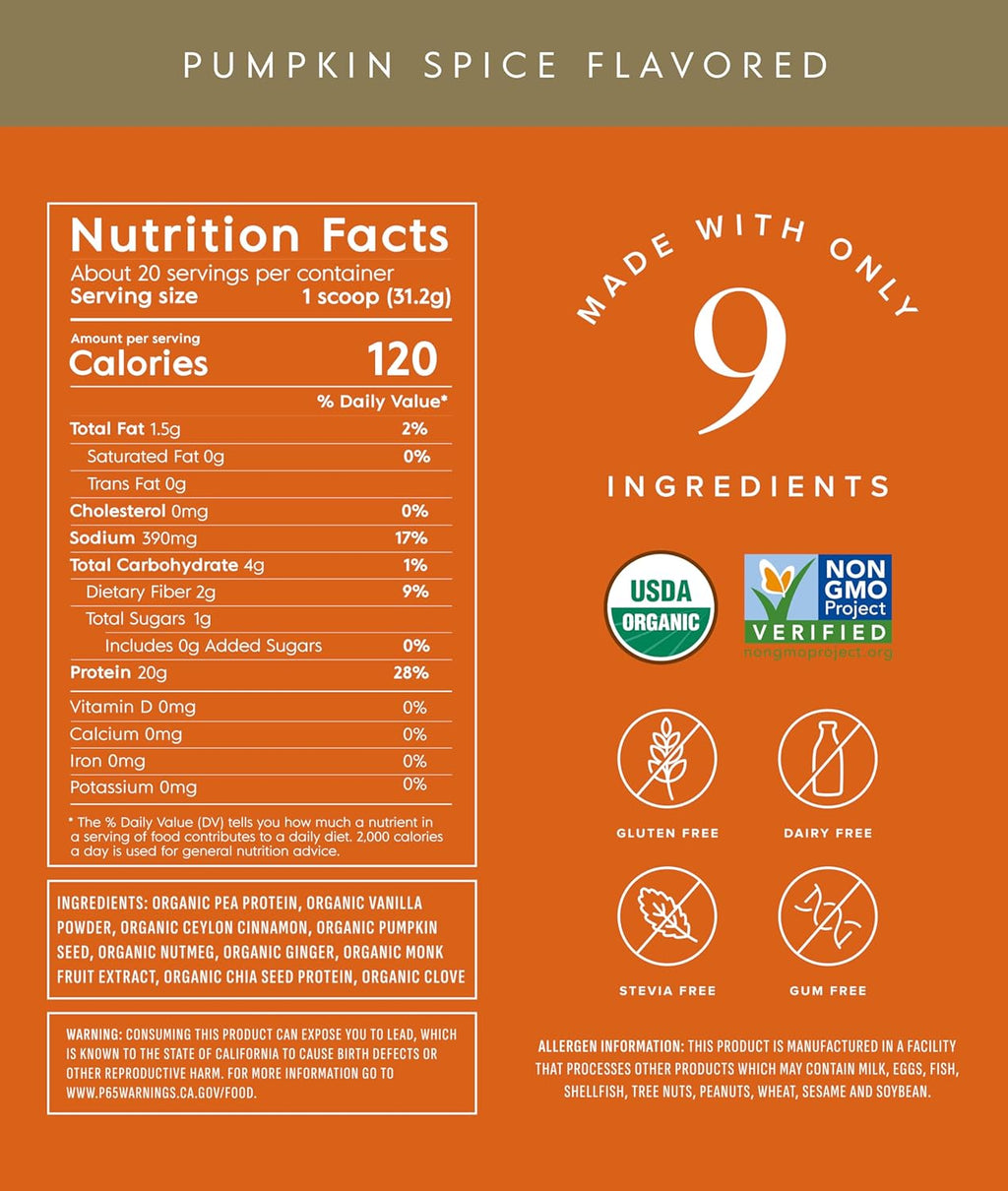 Truvani Vegan Pea Protein Powder | Pumpkin Spice | 20g Organic Plant Based Protein | 20 Servings | Keto | Gluten & Dairy Free | Low Carb | No Added Sugar